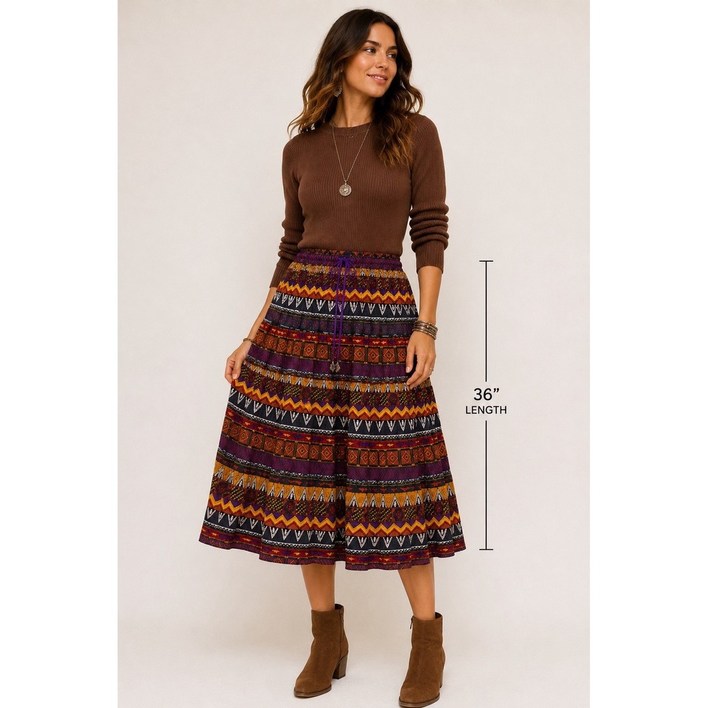 Baxter Wells Vintage L 100% Cotton Boho Tiered Geometric Print Midi Festival
